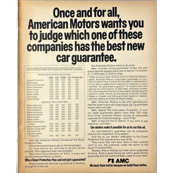 AMC "Which Car Company Has the Best Guarantee?" Vintage Print Ad 1970 - Picture 1 of 3